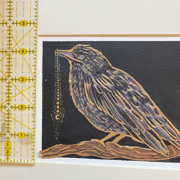 Original art watercolor ink gold bird raven crow mystical witchy moon academia - Picture 12 of 13